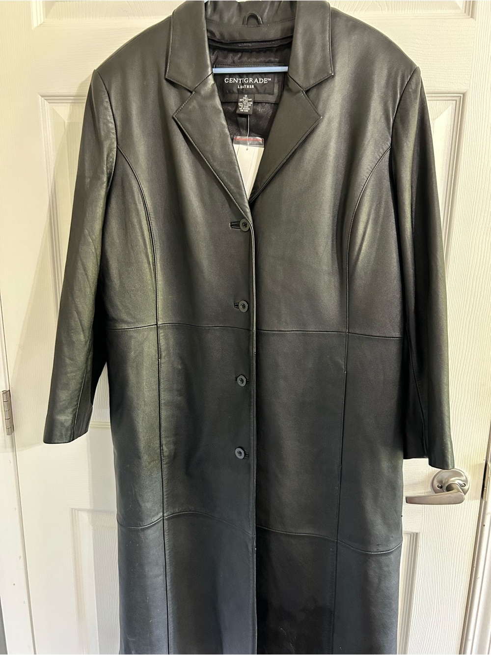 Centigrade Leather Long Black Coat for Women